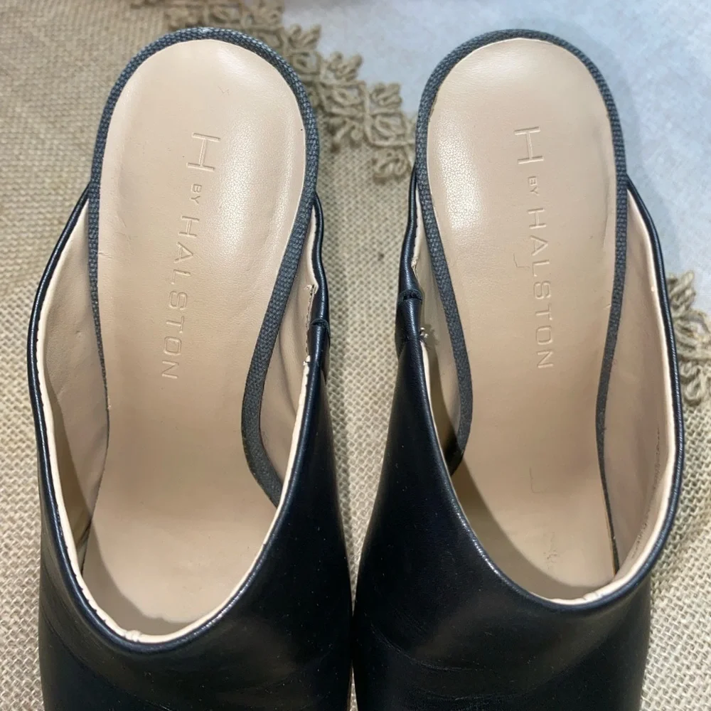 H by Halston Black Open-Toe Mule Heels with Striped Wood Block Heel